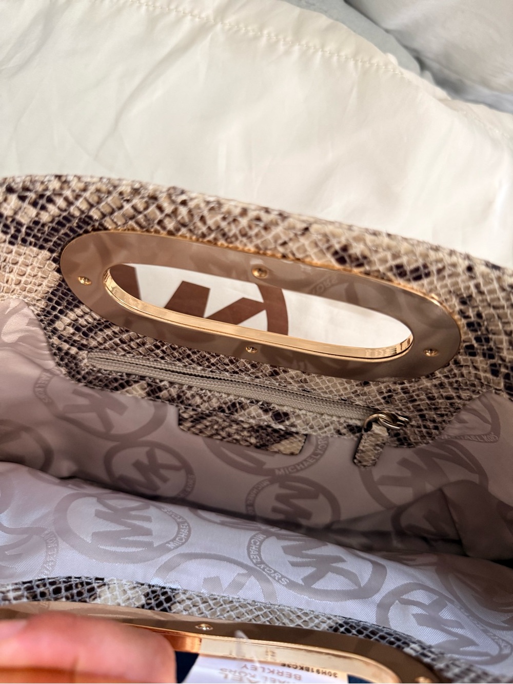 Michael Kors Snake-Print Clutch in Beige and Brown with Gold Handle - Picture 3 of 8